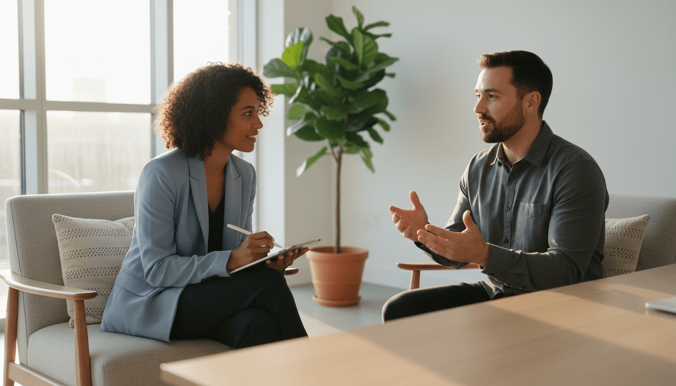 Executive coach and client having engaged one-on-one coaching session in bright, minimalist office with natural window light Executive coach and client having engaged one-on-one coaching session in bright, minimalist office with natural window light